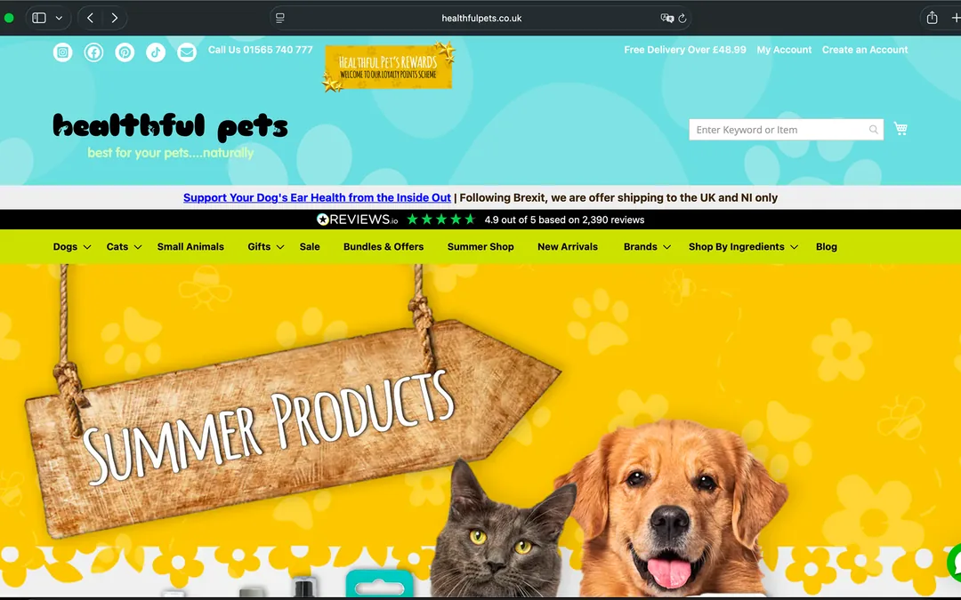 Multi-store natural pet-health storefront on Magento 2
