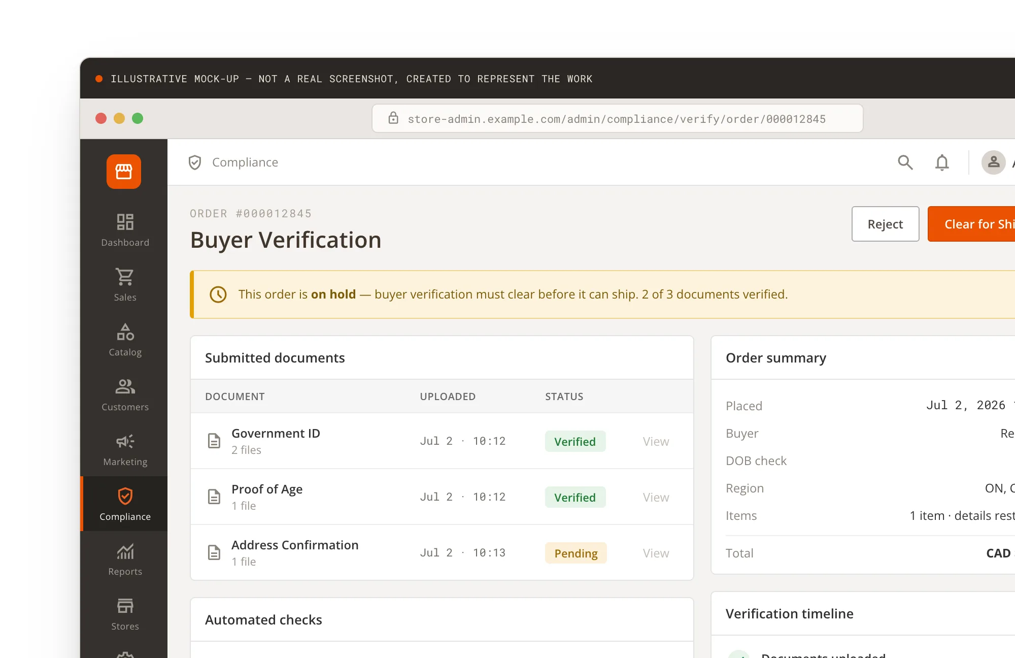 Buyer document-verification step in the order flow (sample data)